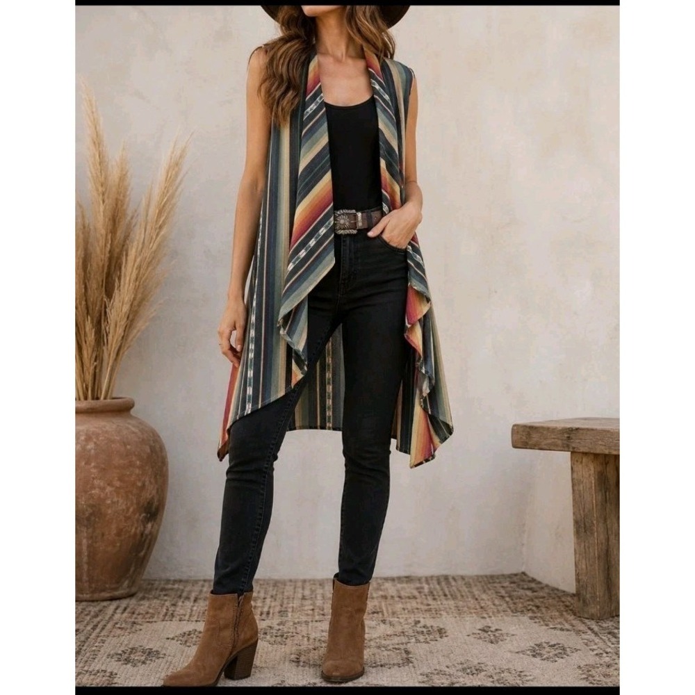 Giddy Up Glamour 100% Cotton Serape Stripe Open Front Vest Boho Duster OS